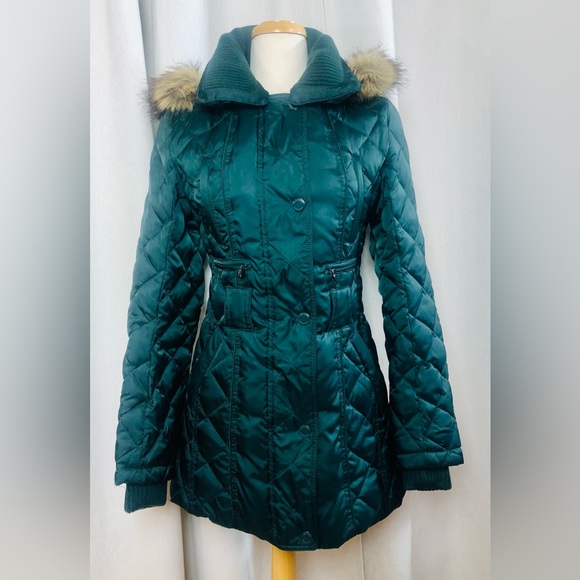 Laundry by Shelli Segal Parka Coat XS Pine Green Faux Fur Hood